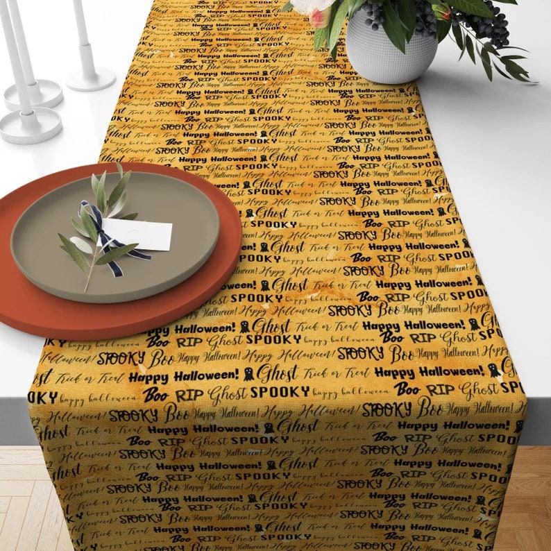 Trick or Treat Spooky Halloween Table Runner Orange Yellow Spider Web Runner