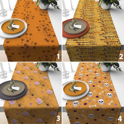 Trick or Treat Spooky Halloween Table Runner Orange Yellow Spider Web Runner