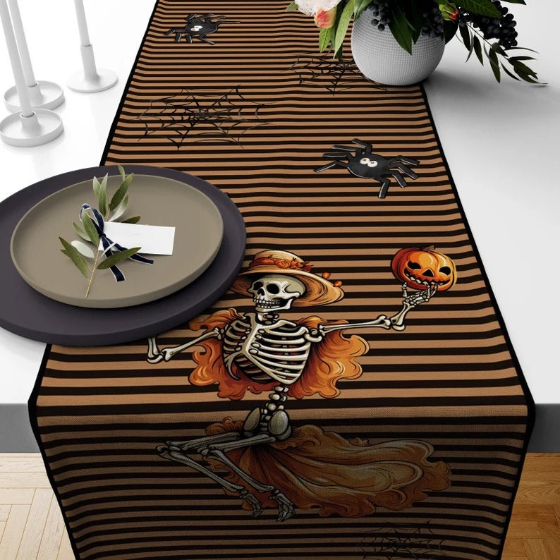 Orange & Black Halloween Table Runner - Skeleton, Pumpkin, Cat, Spider Design