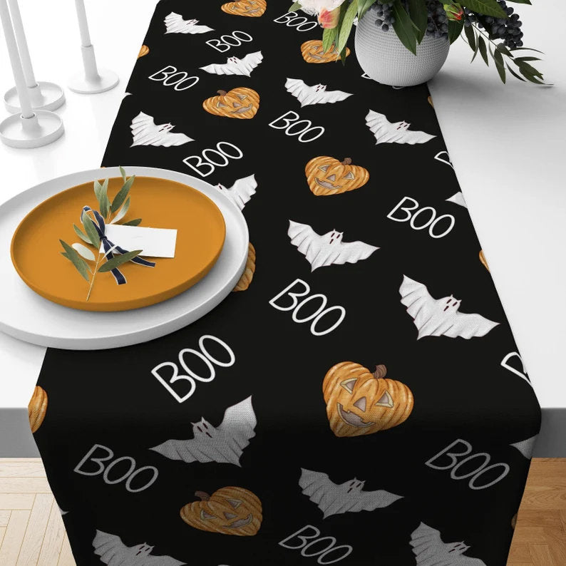 Spooky Halloween Party Black Cat Black Orange Table Runner