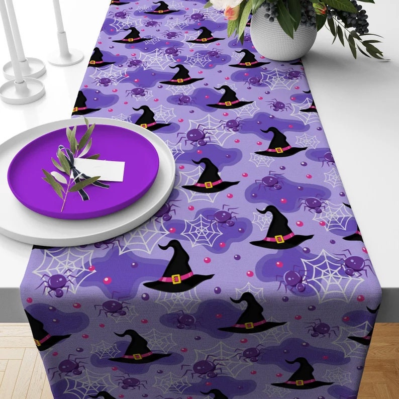 Purple Halloween Table Runner - Witch Hat, Ghost & Cat Design