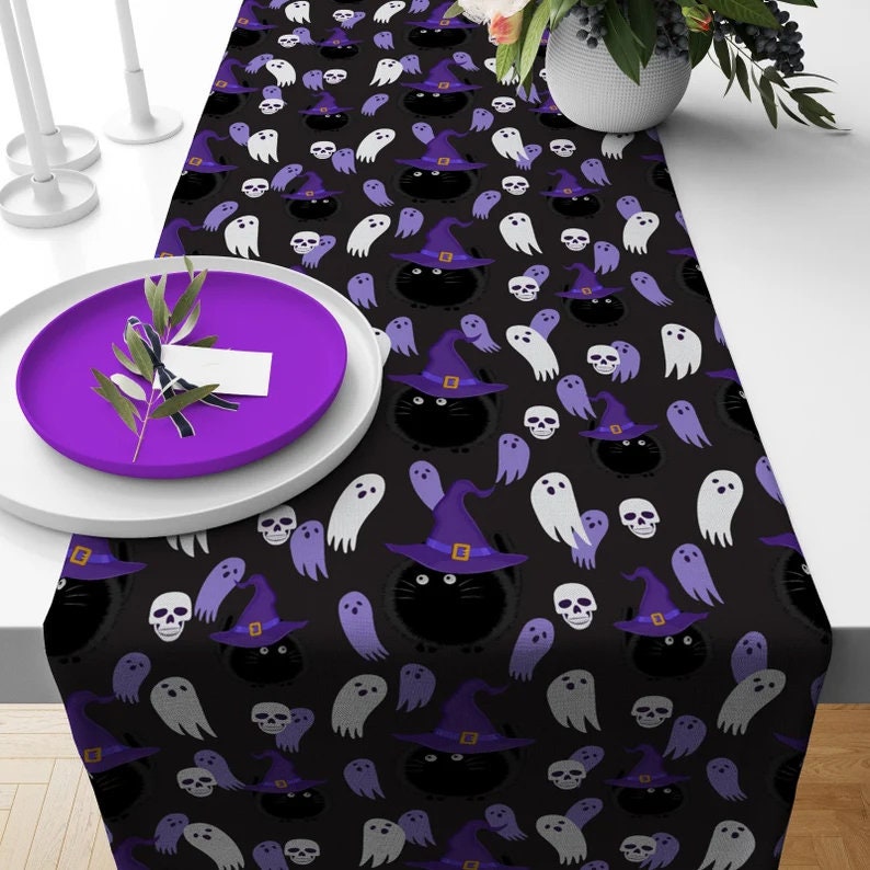 Purple Halloween Table Runner - Witch Hat, Ghost & Cat Design