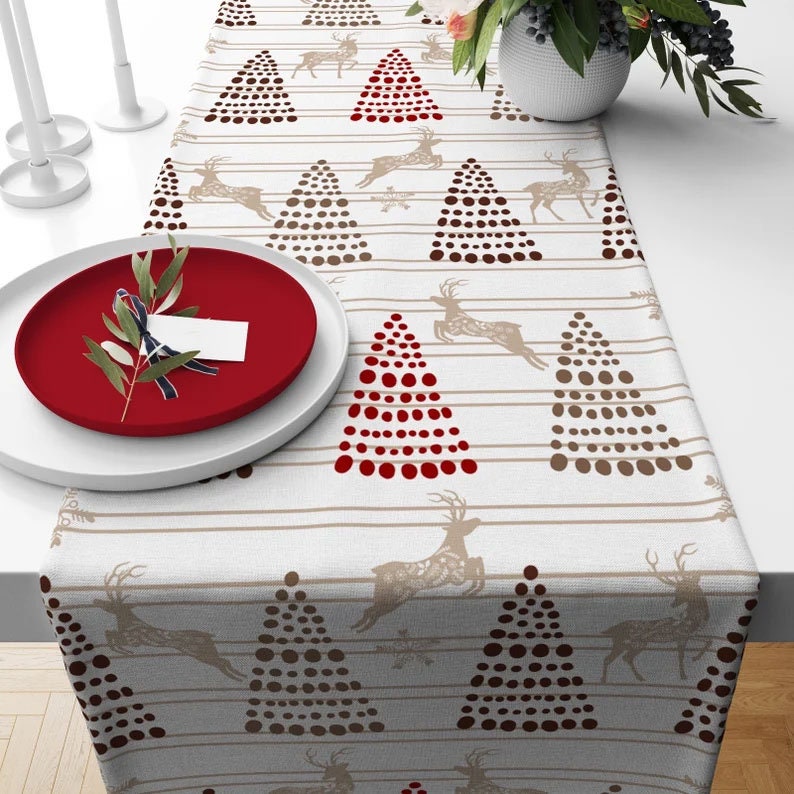 Pine Tree and Deer Red Christmas Print Design Table Runner