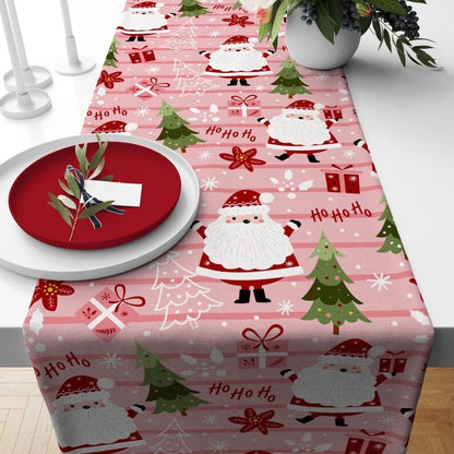 Santa and Cat Theme Christmas Pink Gray Table Runner