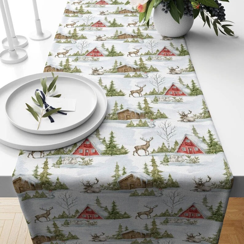 Deers Snow Winter Forest Xmas Kitchen Table Runner