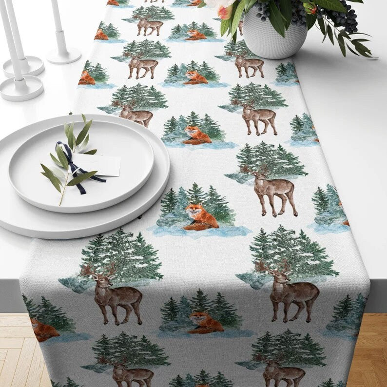 Deers Snow Winter Forest Xmas Kitchen Table Runner