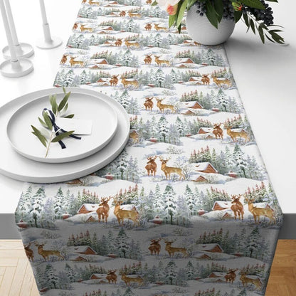 Deers Snow Winter Forest Xmas Kitchen Table Runner