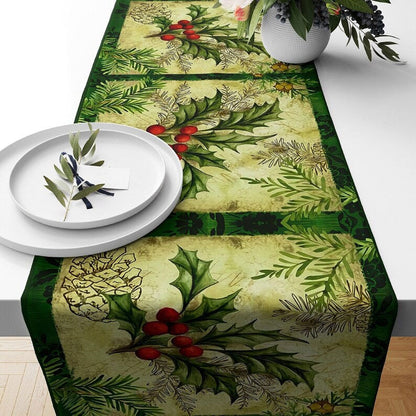 Red Berry and Candle Floral Green & Black Table Runner