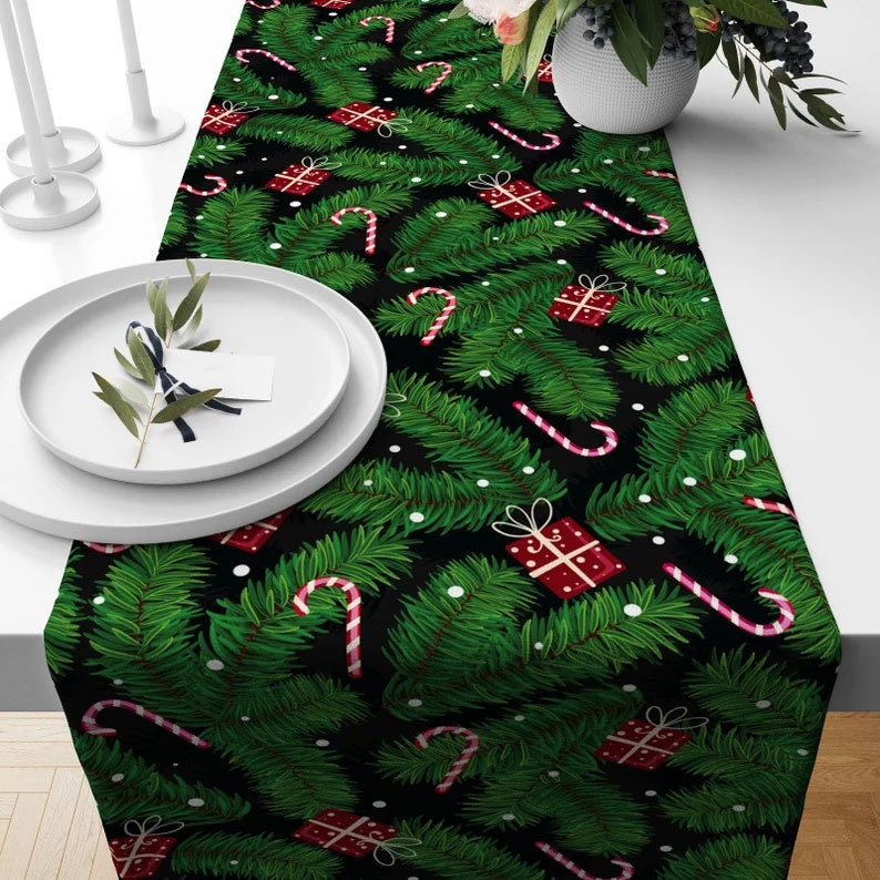 Red Berry and Candle Floral Green & Black Table Runner