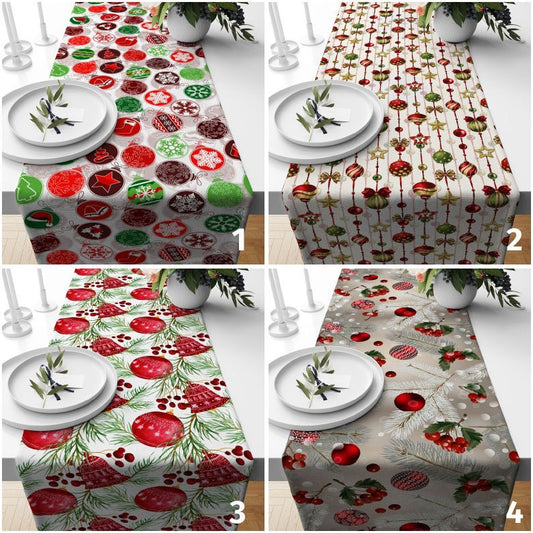 Christmas Ornaments Red Green Winter Table Runner