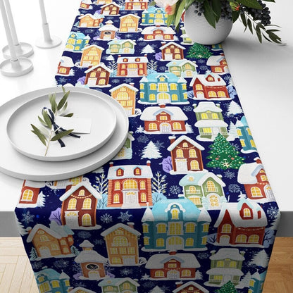 Red Snowy House Blue and Red Christmas Decor Table Runner