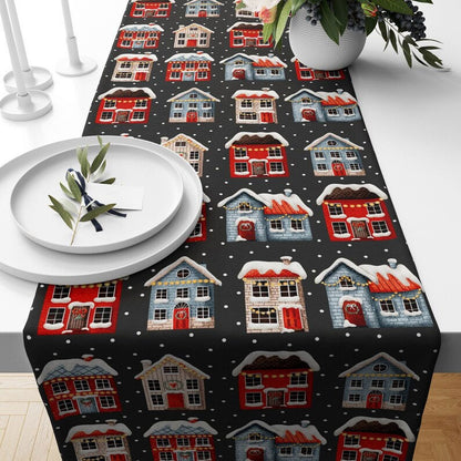 Red Snowy House Blue and Red Christmas Decor Table Runner