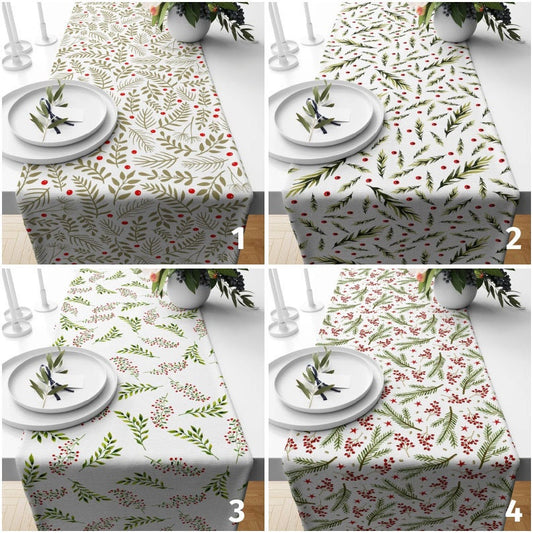 Red Pine Berry Mistletoe Green and Red Winter Table Runner