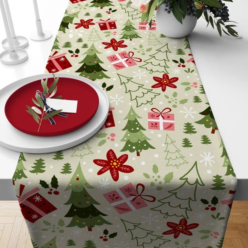 Xmas Pine Tree Green and Brown Noel Decor Table Runner