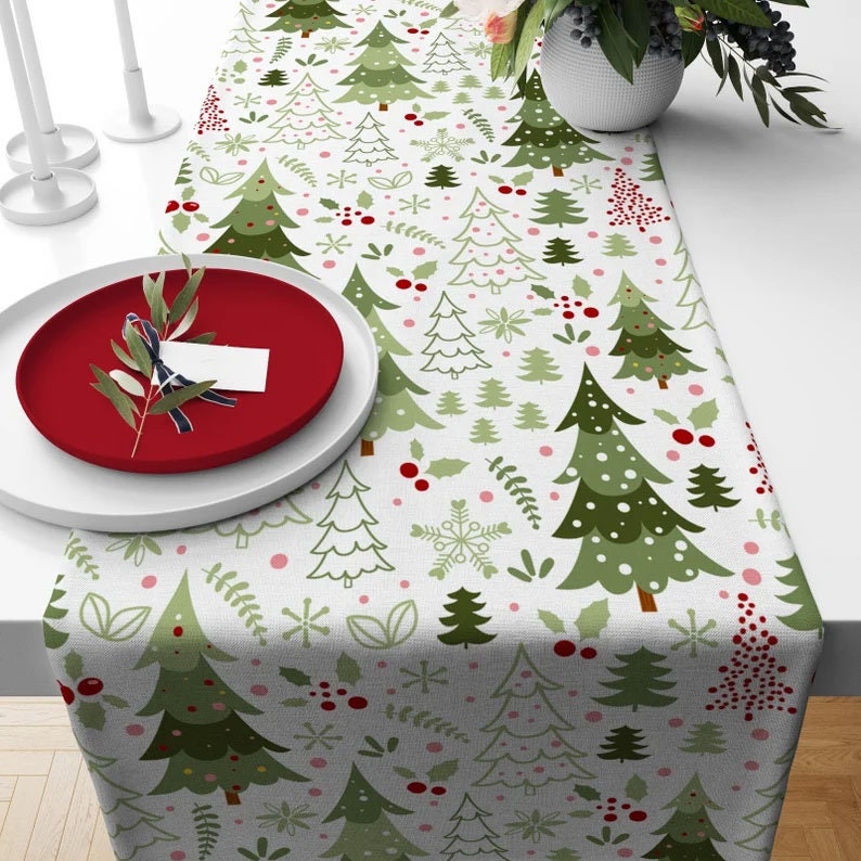 Xmas Pine Tree Green and Brown Noel Decor Table Runner