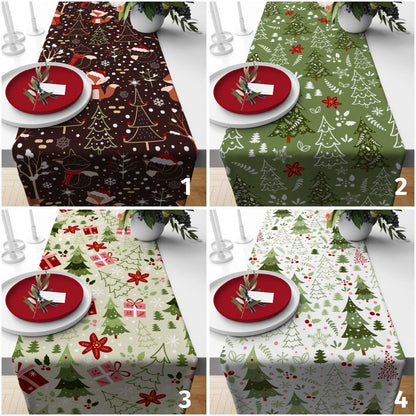 Xmas Pine Tree Green and Brown Noel Decor Table Runner