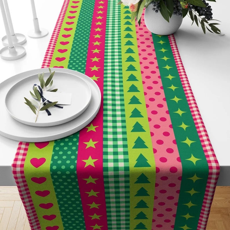 Christmas Colorful Geometric Green and Pink Table Runner