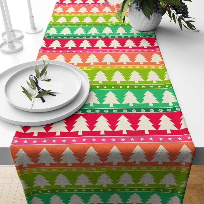 Christmas Colorful Geometric Green and Pink Table Runner