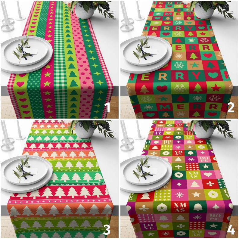 Christmas Colorful Geometric Green and Pink Table Runner