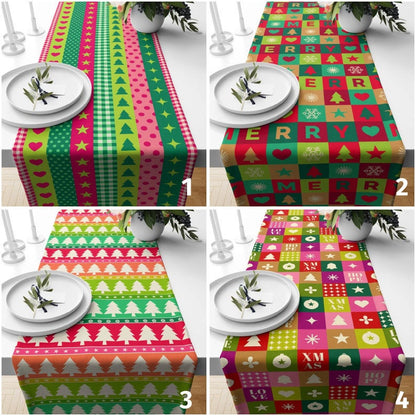 Christmas Colorful Geometric Green and Pink Table Runner