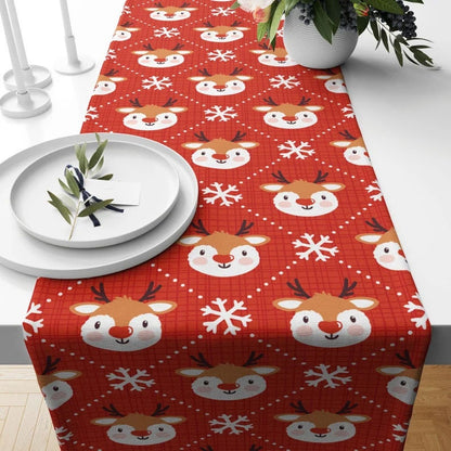 Deer and Snowflake Pine Tree Pattern Red Table Runner