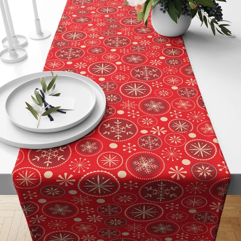 Deer and Snowflake Pine Tree Pattern Red Table Runner