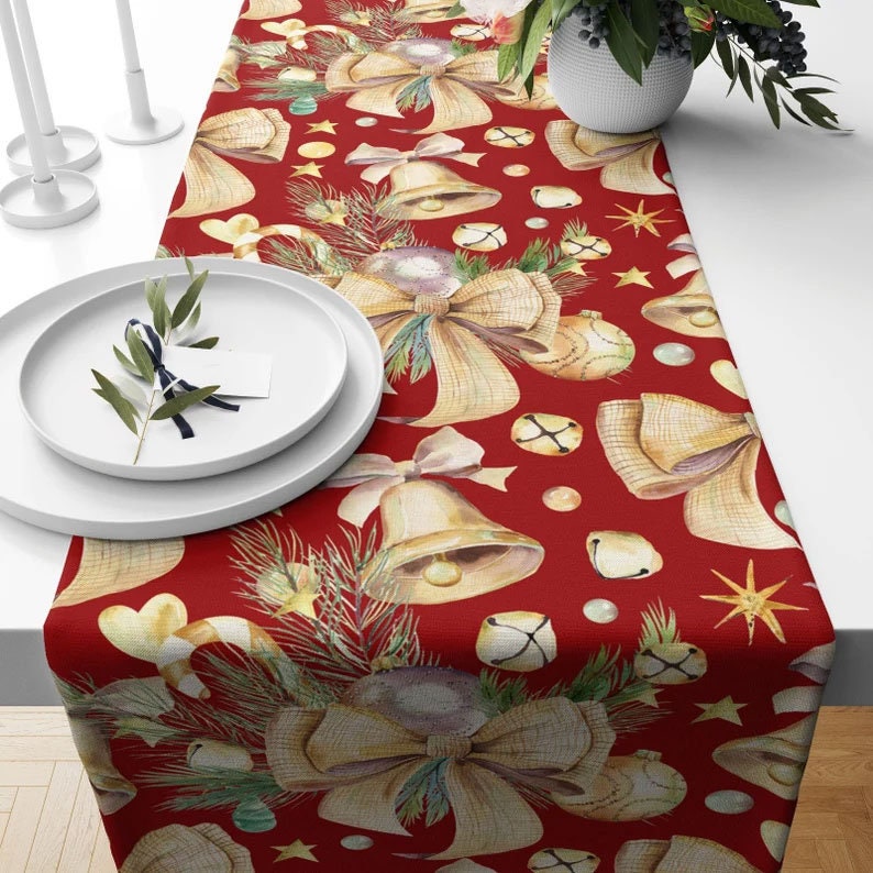 Deer and Snowflake Pine Tree Pattern Red Table Runner