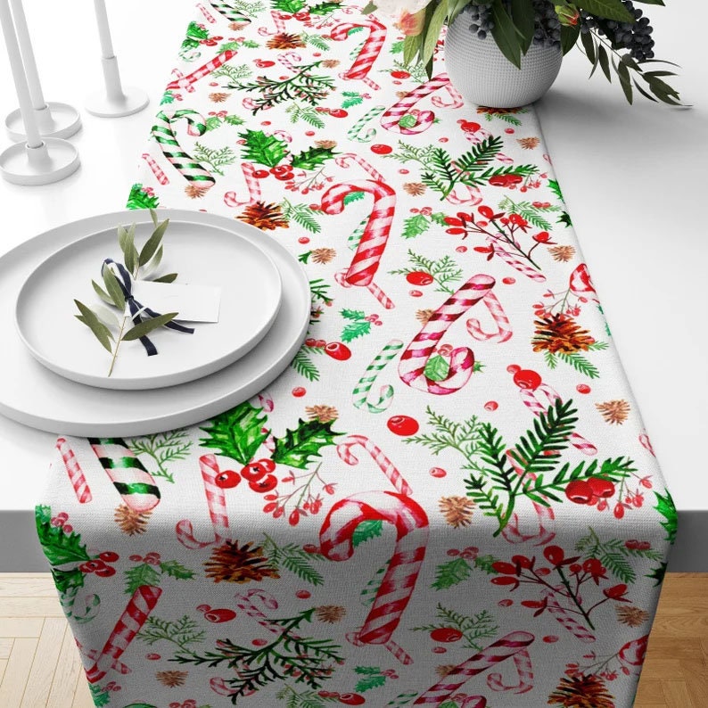 Candy Cane Red Xmas Winter Decoration Table Runner