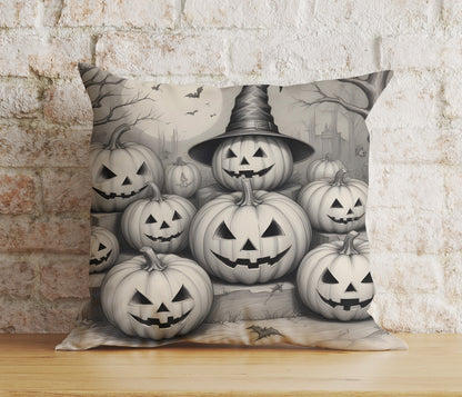 Black and White Pumpkin Halloween Drawing Carved Cushion Cover