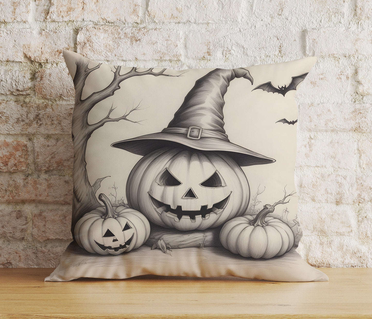 Black and White Pumpkin Halloween Drawing Carved Cushion Cover