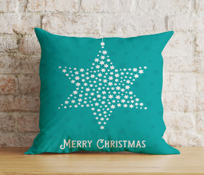 Blue or Turquoise Merry Christmas Star Print Cushion