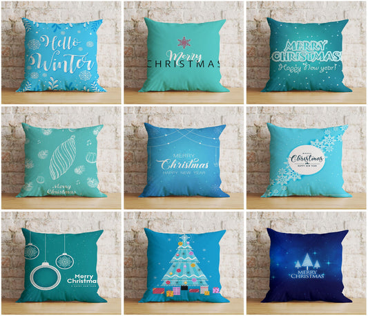 Blue or Turquoise Hello Winter Merry Christmas Cushion Covers