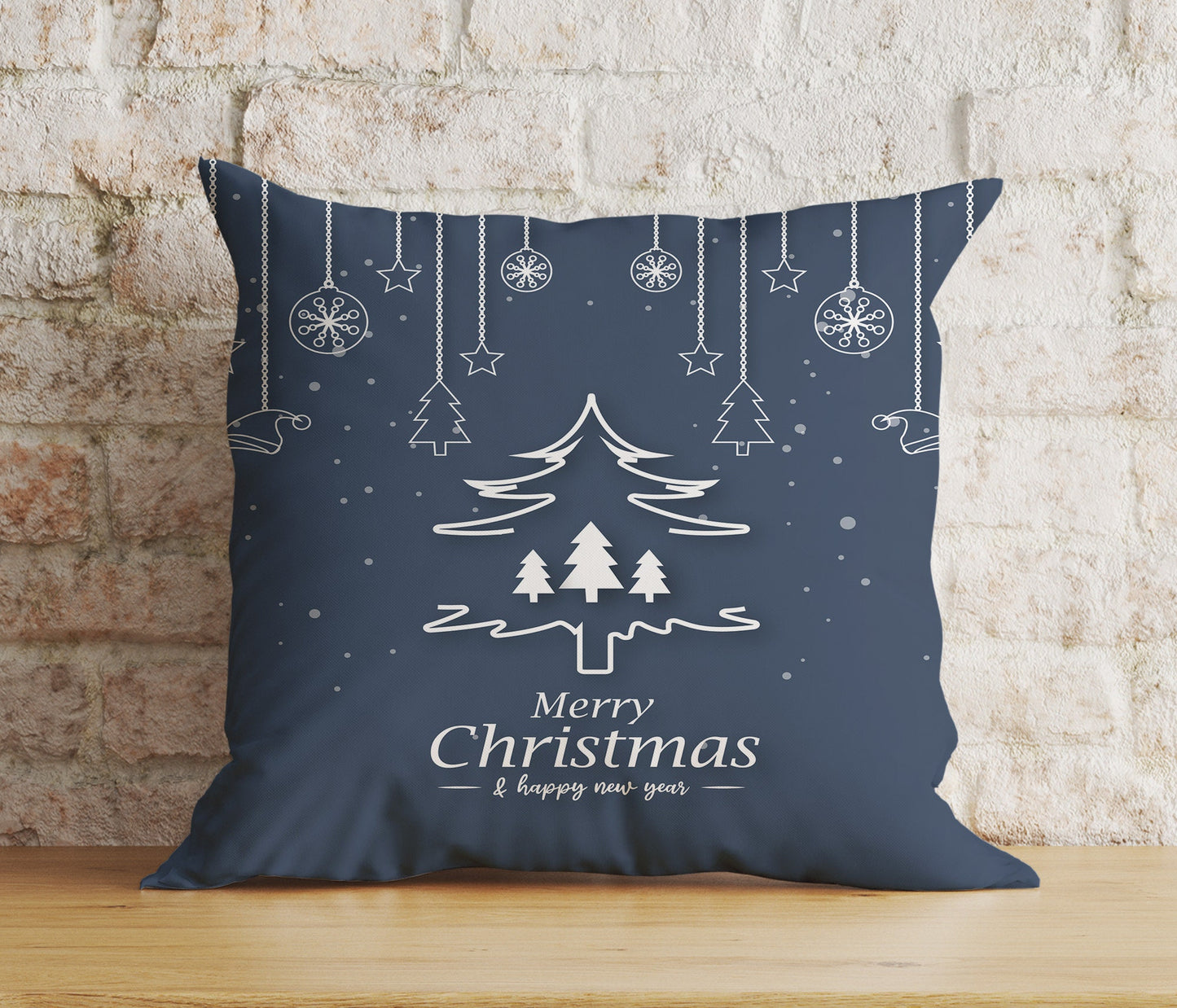 Blue Christmas Festive Ornament Pine Tree Print Cushions Covers