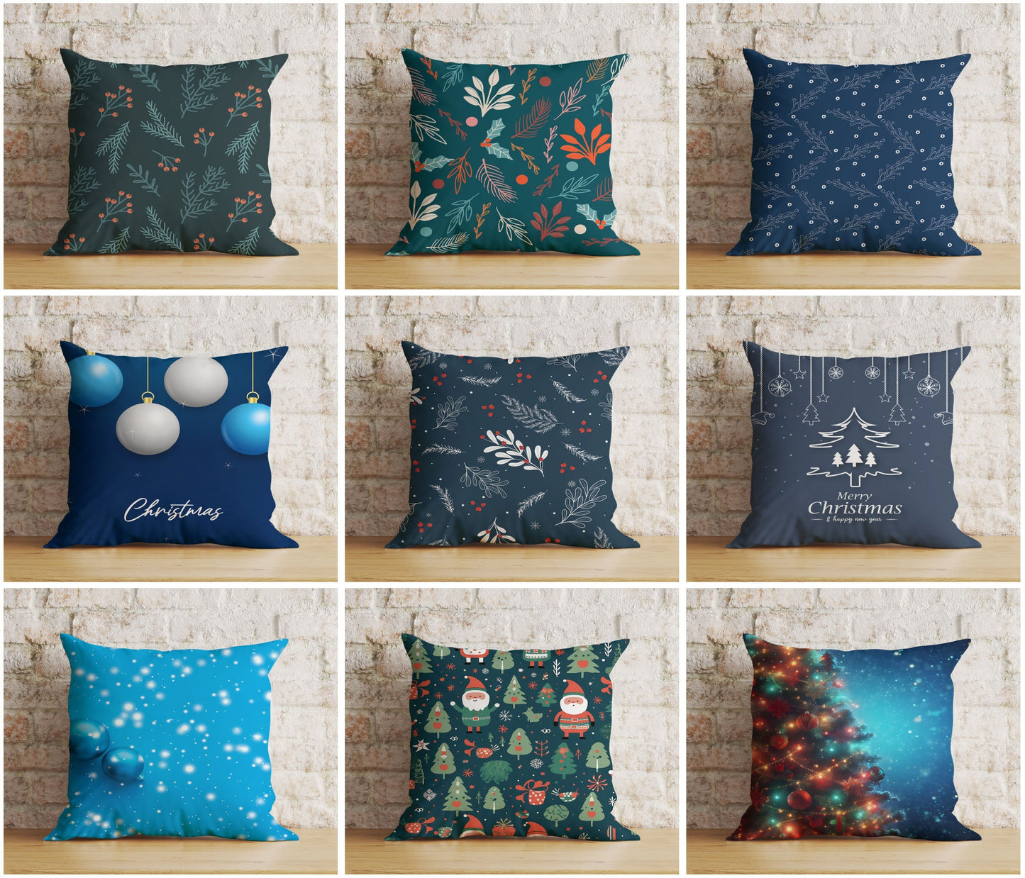 Blue Christmas Festive Ornament Pine Tree Print Cushions Covers