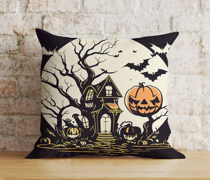 Halloween Carved Orange Pumpkin Spider Web Skull Cushion Cover