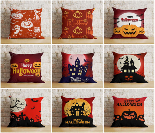 Halloween Castle Carved Pumpkin Trick or Treat Red Cushion Cover