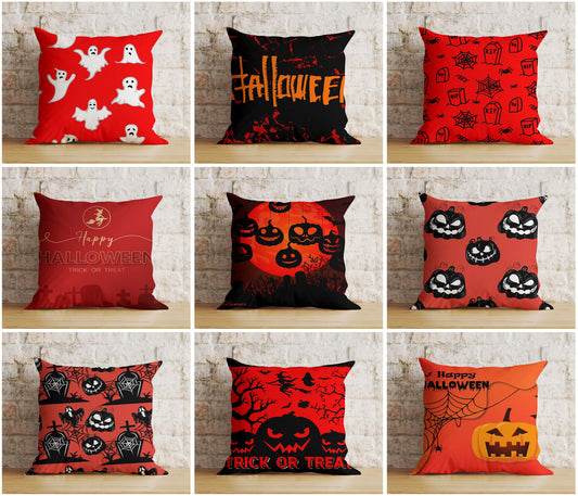 Halloween Ghost Pumpkin Spider Tombstone Red&Black Cushion Cover