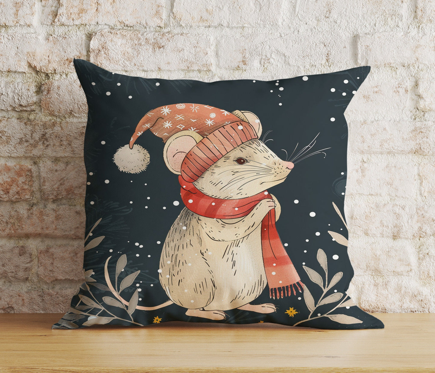 Mouse in Santa Hats Xmas Winter Snowy Cushion Cover