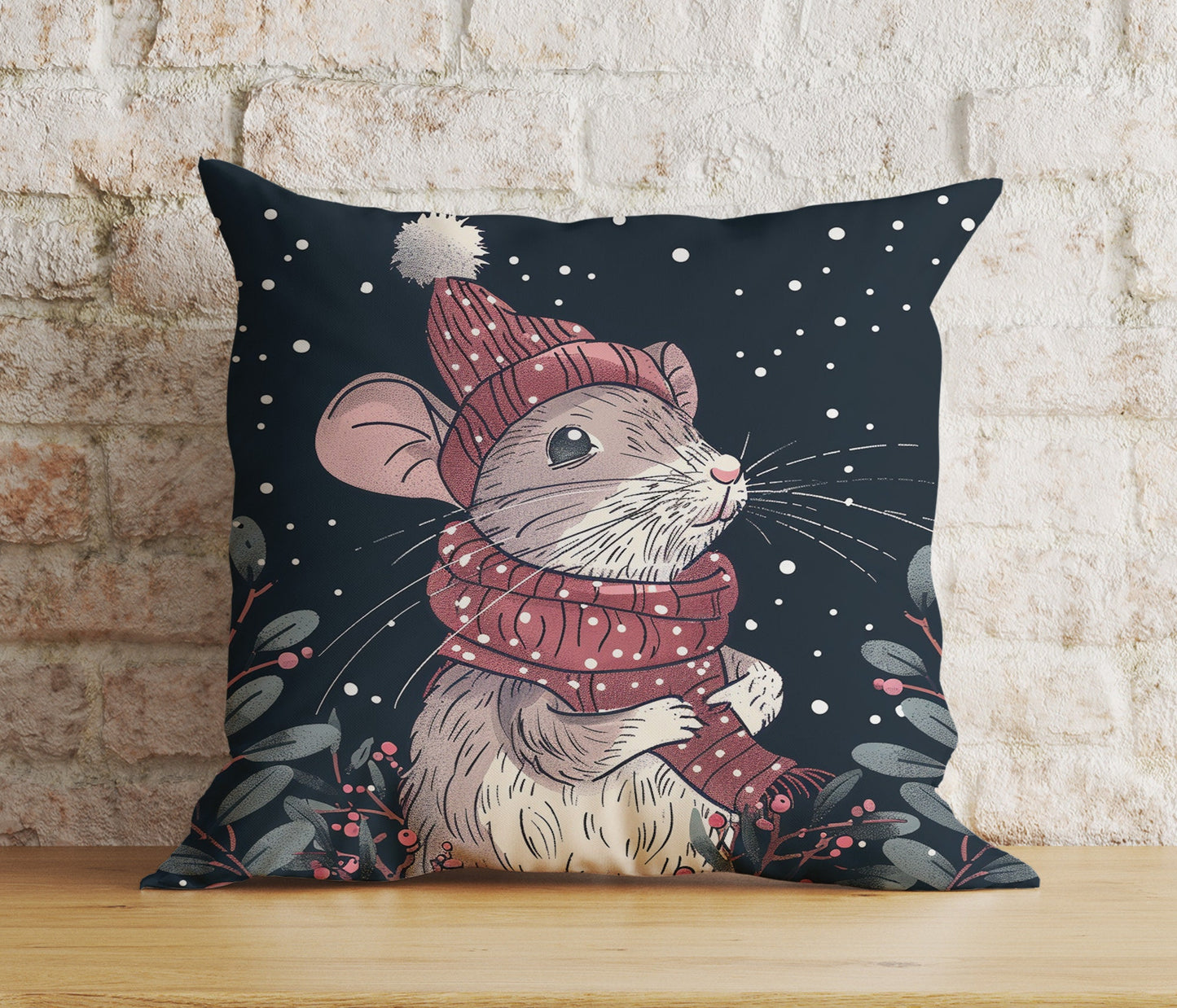 Mouse in Santa Hats Xmas Winter Snowy Cushion Cover