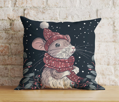 Mouse in Santa Hats Xmas Winter Snowy Cushion Cover