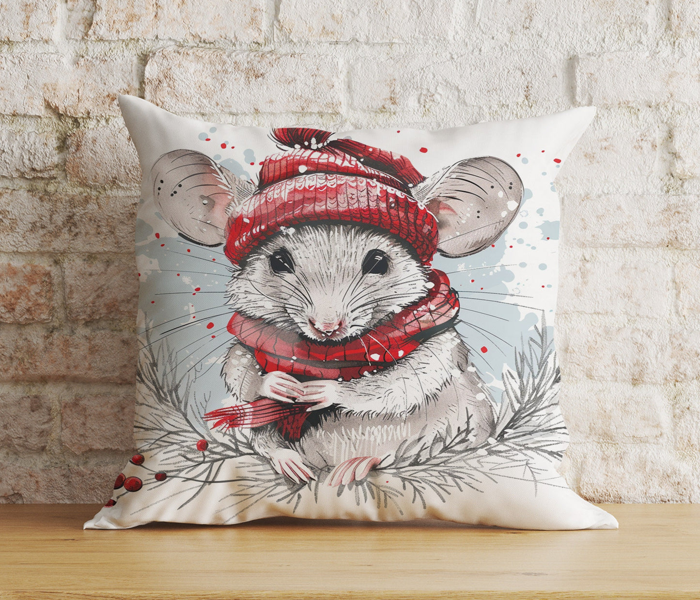 Mouse in Santa Hats Xmas Winter Snowy Cushion Cover