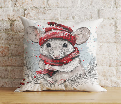 Mouse in Santa Hats Xmas Winter Snowy Cushion Cover