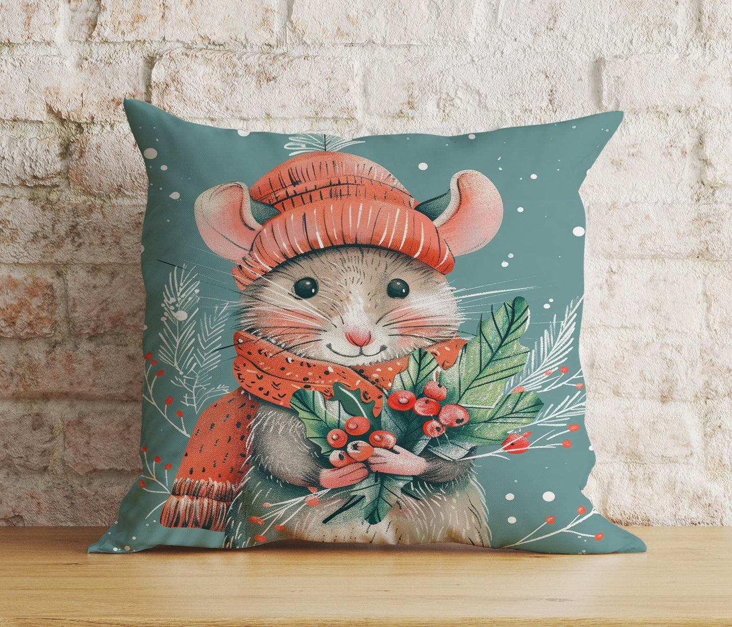 Mouse in Santa Hats Xmas Winter Snowy Cushion Cover