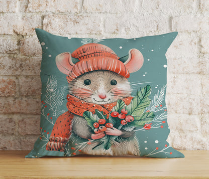 Mouse in Santa Hats Xmas Winter Snowy Cushion Cover