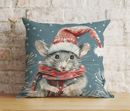 Mouse in Santa Hats Xmas Winter Snowy Cushion Cover