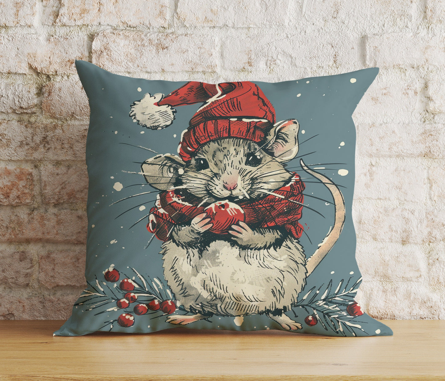 Mouse in Santa Hats Xmas Winter Snowy Cushion Cover