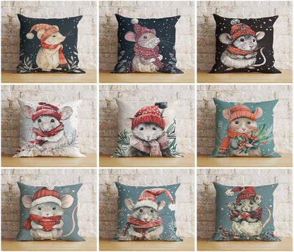 Mouse in Santa Hats Xmas Winter Snowy Cushion Cover