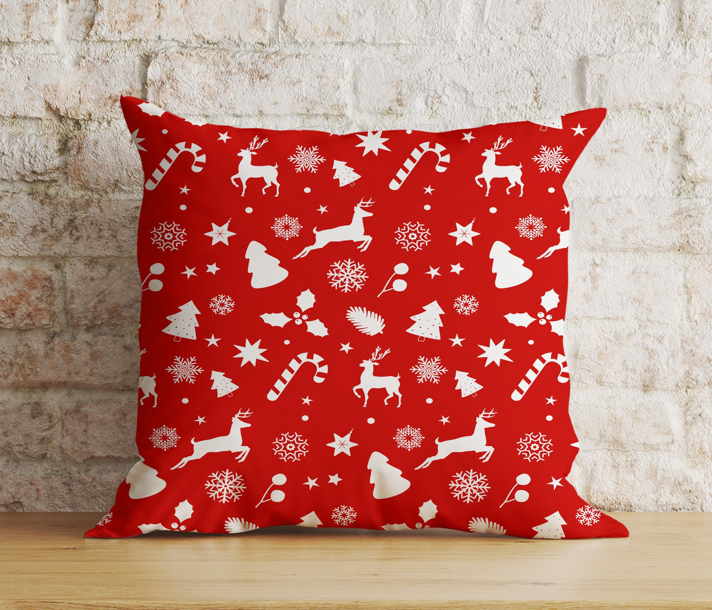 Gold Red and White Xmas Reindeer Snowflakes Cushion Cover