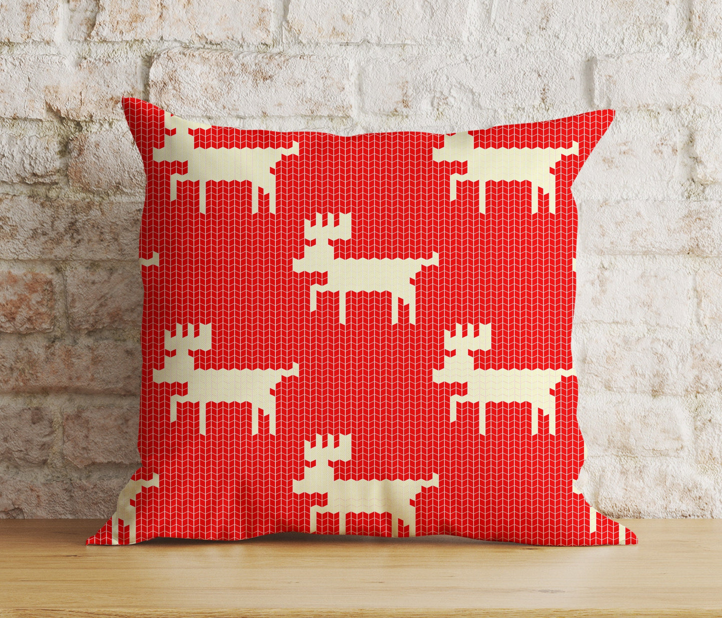 Gold Red and White Xmas Reindeer Snowflakes Cushion Cover