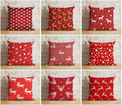 Gold Red and White Xmas Reindeer Snowflakes Cushion Cover